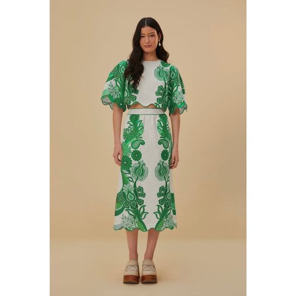 Farm Rio Green Color Festival Euroflax Linen Blouse Crop Top Size S - Picture 2 of 13